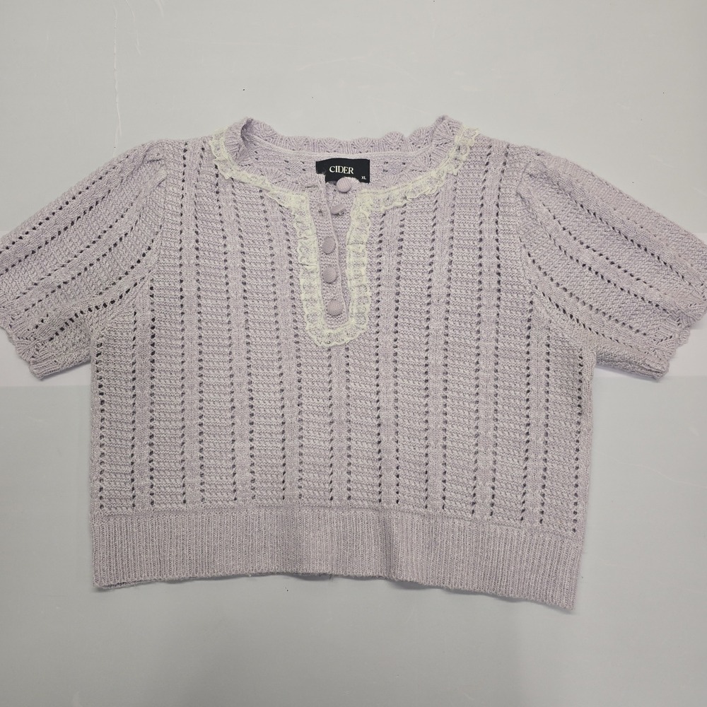 Cider Lilac Pointelle Knit Top XL Short Sleeve Lace Trim Henley Cropped Lavender